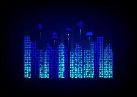 Smart city concept. The glow and neon light of the building with icons of technology on a dark blue background. Metaverse and futuristic city and innovation. vector