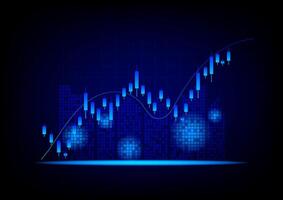 Real estate investment concept. The glowing and neon light of the building with an upper arrow graph, and candlestick on a dark blue background. Property growth and profit for the future. vector