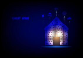 Smart home concept. The glow and neon light of the house with icons of technology on a dark blue background. Metaverse and futuristic city and innovation. vector