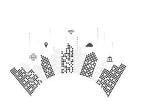 Smart city concept. The black building with icons of technology on a white background. Metaverse and futuristic city and innovation. vector