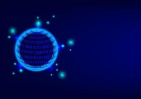 The glowing and neon light circle or globe of binary code numbers with thunder on a dark blue background. Metaverse and futuristic and innovation communication and cyber crime. vector