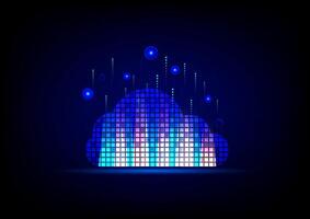 Cloud computing with light digital on a blue background. Futuristic business network and data transfer. Smart device saving data and analysis. vector