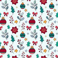 Christmas seamless pattern with decorative elements on light blue background for fabric, wrapping paper, textile, greeting cards. Hand draw style vector