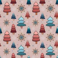 Christmas trees seamless pattern. Cute winter pattern with Christmas trees and snowflakes for wrapping paper, packaging, textile. Turquoise and peach colors , pink background vector
