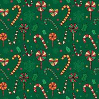 Candy cane seamless pattern with decorations on green background. Cheerful Xmas candy cane and lollipop pattern for wrapping paper, prints, invitations, packaging vector