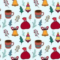 Merry Christmas seamless pattern with cute cartoon winter elements on light blue background for fabric, wrapping paper, textile, greeting cards. Hand draw style vector