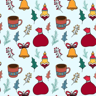 Merry Christmas seamless pattern with cute cartoon winter elements on light blue background for fabric, wrapping paper, textile, greeting cards. Hand draw style