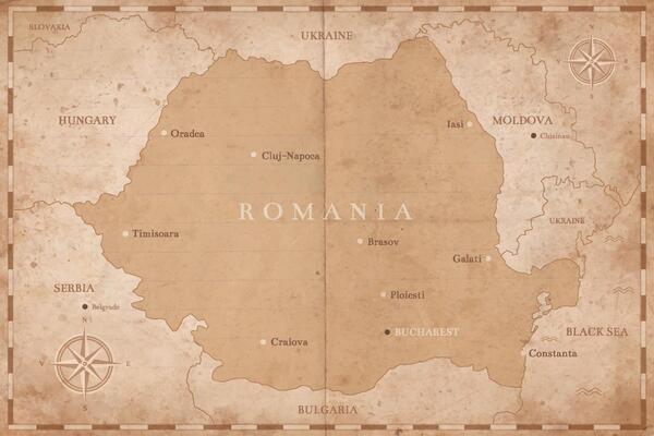 Romania vintage map with counties and national borders. Old Romania map on a vintage paper background for presentations, posters, infographics