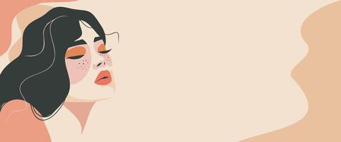 banner of a woman's face portrait with black lines in profile Memphis style in a modern minimalist style. Place for text. illustration in beige pastel colors for printing vector