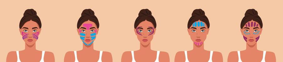 Women with tapes on their faces. Different schemes for taping application using kinesiological techniques. Face tapes, face lift. template for advertising, website, banner, posters, cover vector