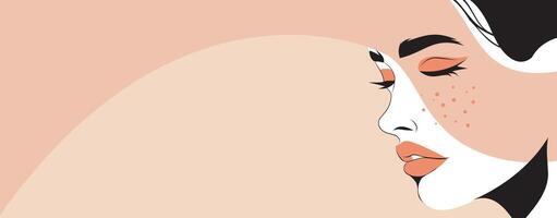 banner of a woman's face portrait with black lines in profile with geometric shapes Memphis style in a modern minimalist style. illustration in beige pastel colors for printing vector