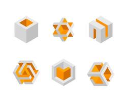 Cube logo, geometric design. Box logotype company, trendy tech emblem in pixel style. vector