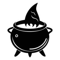 A black and white illustration of a cauldron with fire vector