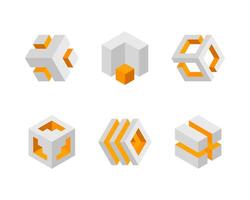 Cube logo, geometric design. Box logotype company, trendy tech emblem in pixel style. vector