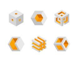 Cube logo, geometric design. Box logotype company, trendy tech emblem in pixel style. vector