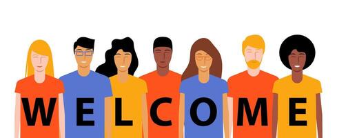 Welcome banner teamwork community. diverse group friend. vector