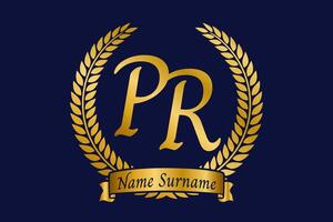 Initial letter P and R, PR monogram logo design with laurel wreath. Luxury golden calligraphy font. vector