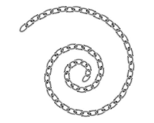 Realistic metal chain texture. Spiral swirl chains link isolated on white background. Strong iron chainlet solid three dimensional design element.