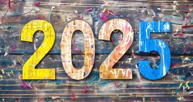 Creative colorful shiny number 2025 with festive confetti on festive bright wooden background video