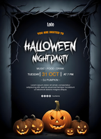 Halloween party poster template with pumpkin ghost background and scary haunted house with dark them psd