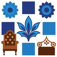 A blue and brown floral design with a chair and a flower vector