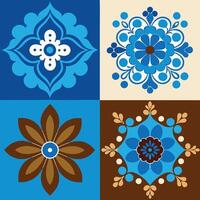 Four different designs of flowers in blue, brown and white vector