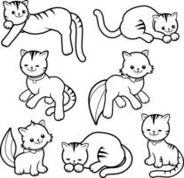 Cute cat set, collection of kitty doodles in black and white. Set of cartoon cat pets in different poses and breeds. vector
