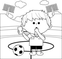 Soccer referee at a stadium blowing a whistle and showing a red card during match. Soccer team kids in a game. Children train with a ball on a grass football field. Black and white coloring page. vector