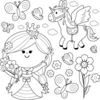 Pretty princess riding a horse set with a magic castle and a unicorn. Children fairytale cute princess set with unicorn and palace. Black and white coloring page. vector