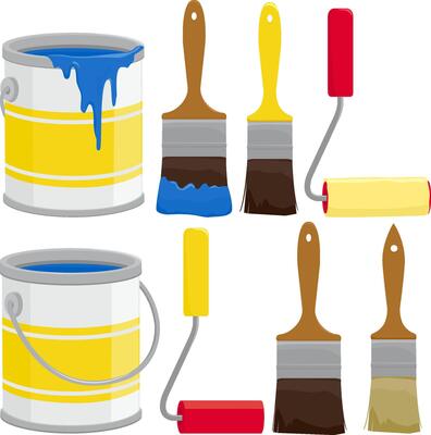 Paint supplies, cans, brushes, buckets and rollers. Paint cans, brushes and paint rollers for wall painting, house renovation projects and decoration.