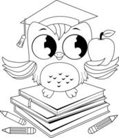 Cute owl bird wise professor with a mortarboard hat, sitting on a stack of books and holding a red apple. Owl teacher bird and in the school classroom. Black and white coloring page. vector