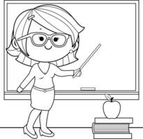 Teacher in the classroom at school teaching in front of a chalkboard. Happy young teacher on the background of a blackboard with a pointer. Black and white coloring page. vector
