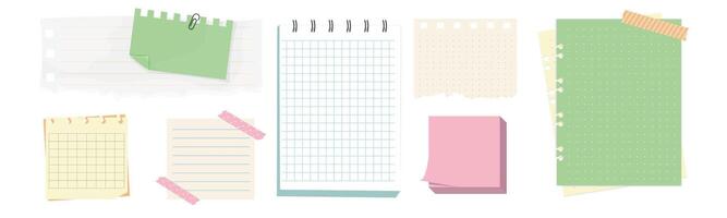 Memo notes, paper for note with clip, postit. Planner notebook page. Idea list. Post note sticker. Quote frame, reminder. vector