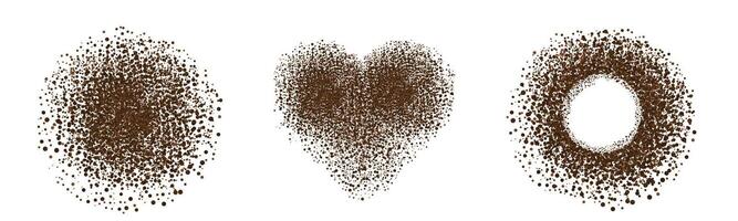 Set Coffee ground speckles powder, cocoa top view. Grainy bean with particles textured stain. Brown chocolate dust. grains and granules shape vector