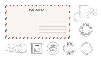 Airmail blank postcard template retro border envelope with stripes stamps set. Paper texture, vintage mail. Air post letter. Blank envelope vector