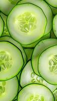Rotating background of sliced cucumber, Close up, Slow motion video