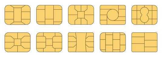 EMV chip icon set. Microchip for bank plastic credit or debit charge or sim card. Digital Nfc technology. Contactless payment at terminals and ATMs vector
