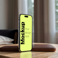 Mockup of a phone on a wooden table near a window psd