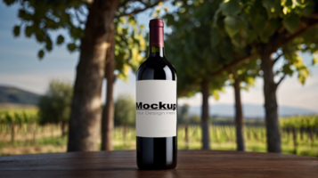 A bottle of wine on a table in front of trees psd