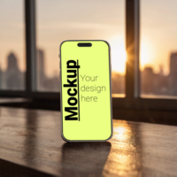 Layout of a phone in isometry on a wooden table with a sunset in the window as a backdrop psd