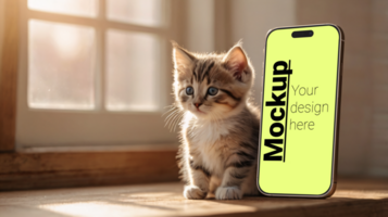 Layout of a phone next to a kitten on a wooden table with a window in the background psd