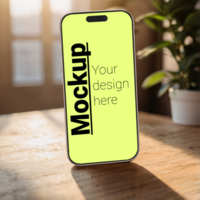 Phone layout in isometry on a wood table with a sunset in the window as a backdrop psd