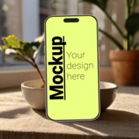 Layout of the phone in isometry on a wooden table next to a plant on the background of the window psd