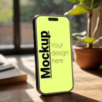 Layout of the phone in isometry on a wooden table next to a book against the background of a sunset in the window psd