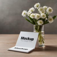 Flowers mockup on a table with a blank card psd