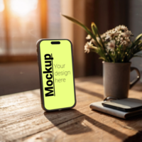 Phone layout in isometrics on a wooden table with a sunset in the window as a backdrop psd