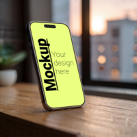 Phone layout in isometry on a wooden table with a sunset in the window as a backdrop psd