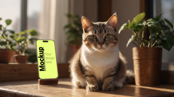 Layout of a telephone next to a cat on a wooden table psd
