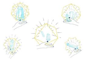 Set of Medicinal Glowing Quartz Crystals into a Gold Frame at White Background vector