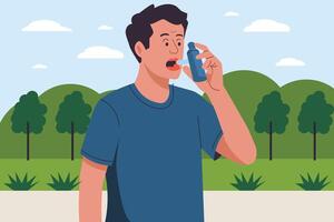 Man uses an asthma inhaler against attack. flat illustration vector